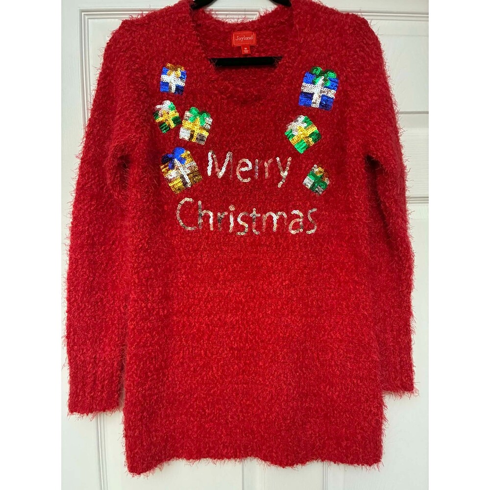 Joyland Merry Christmas‎ Fuzzy Sweater Red Sequin Gifts Women M Tunic Top
